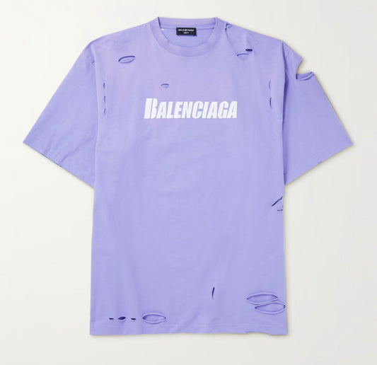 Balenciaga Oversized Distressed Logo Cotton-Jersey T-Shirt - purple