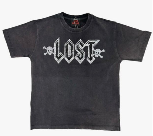 LOST INTRICACY Engraved Rhinestone T-Shirt Black
