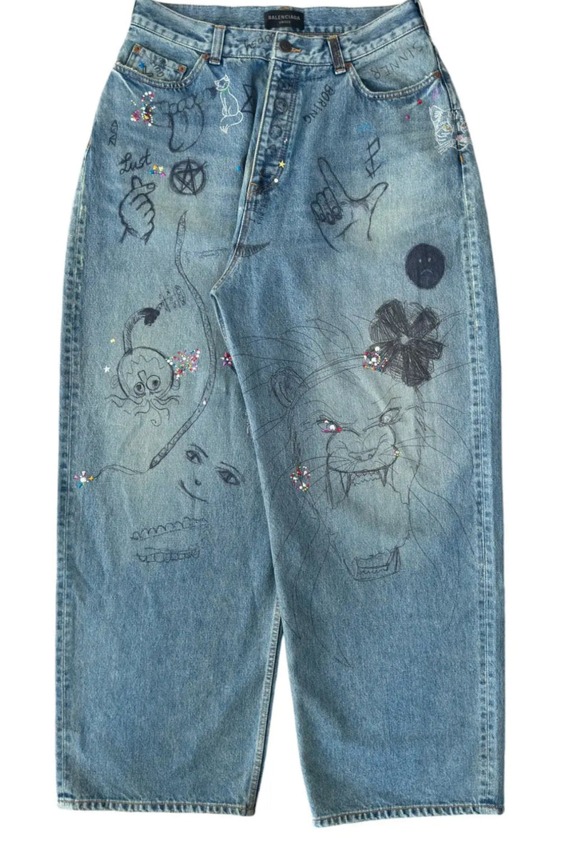 Balenciaga FW22 Rhinestone Scribble Baggy Denim