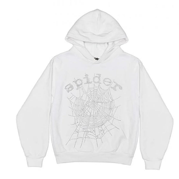 Sp5der OG Rhinestone Logo White Hoodie