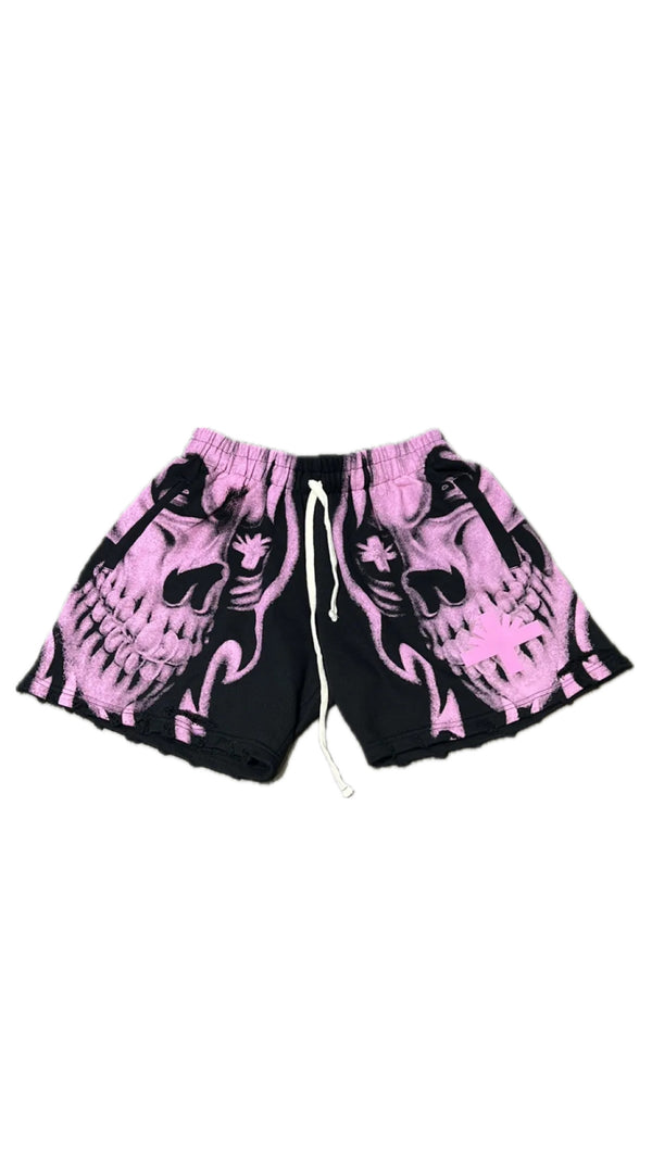 Vertabrae Skull Pink Distress Shorts